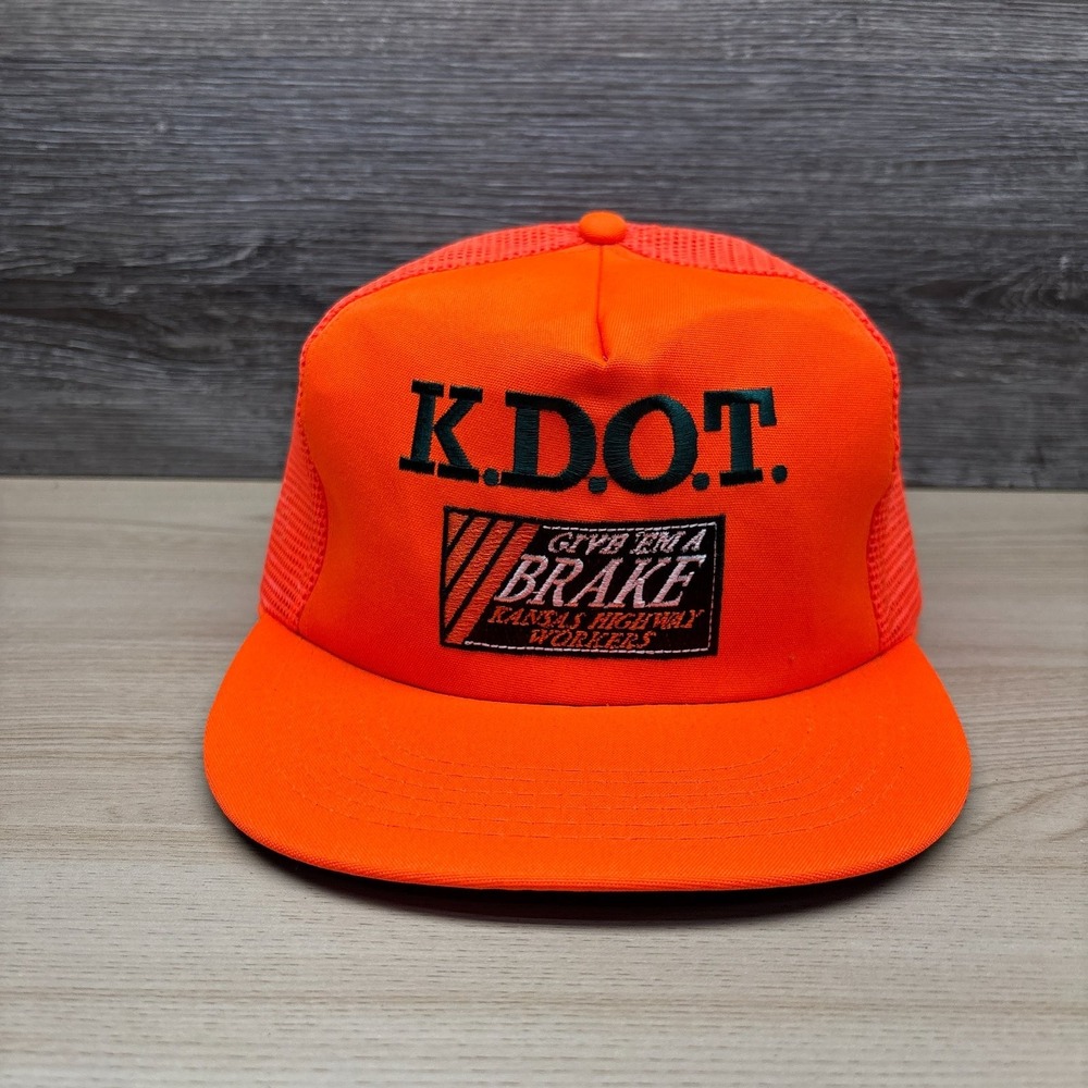 Vintage Kansas Highway Workers Hat Cap Snap Back Orange KDOT Give Em A Brake